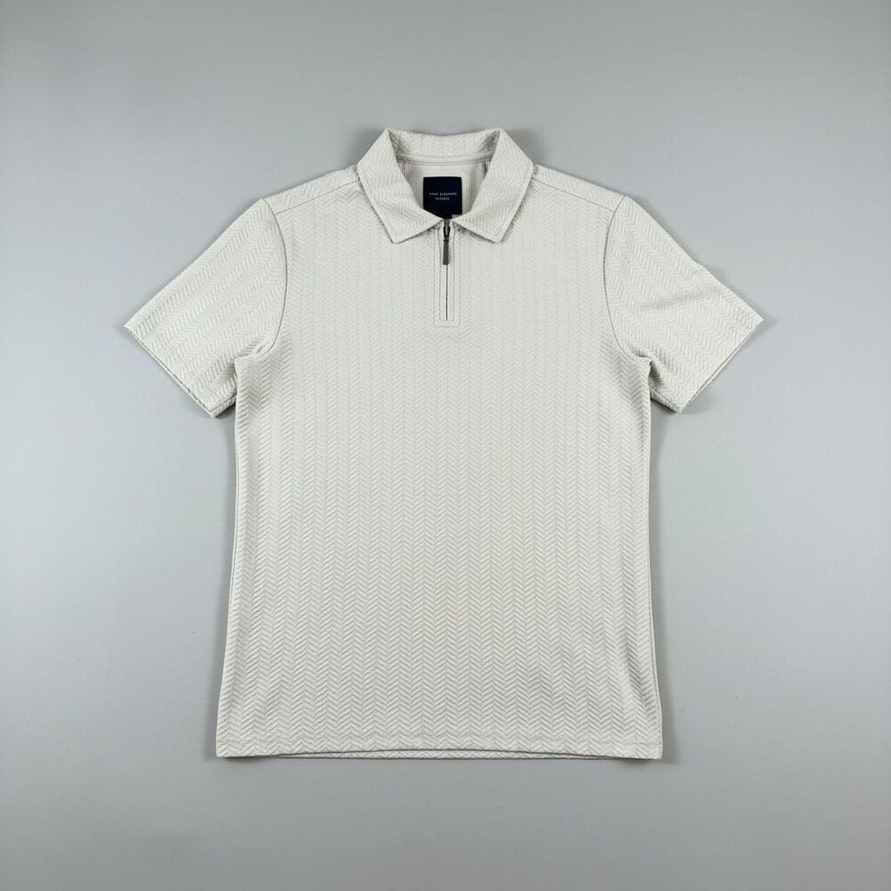 Guide London Premium Men M Polo 1/4 Zip Short Sleeve Herringbone Ivory